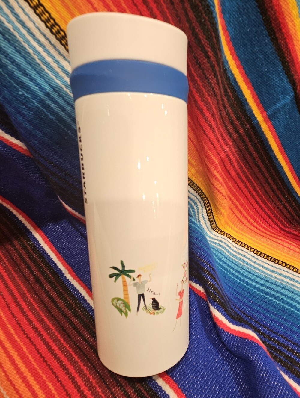 Starbucks Okinawa White Tumbler with Blue Accent and Tropical Illustrations
